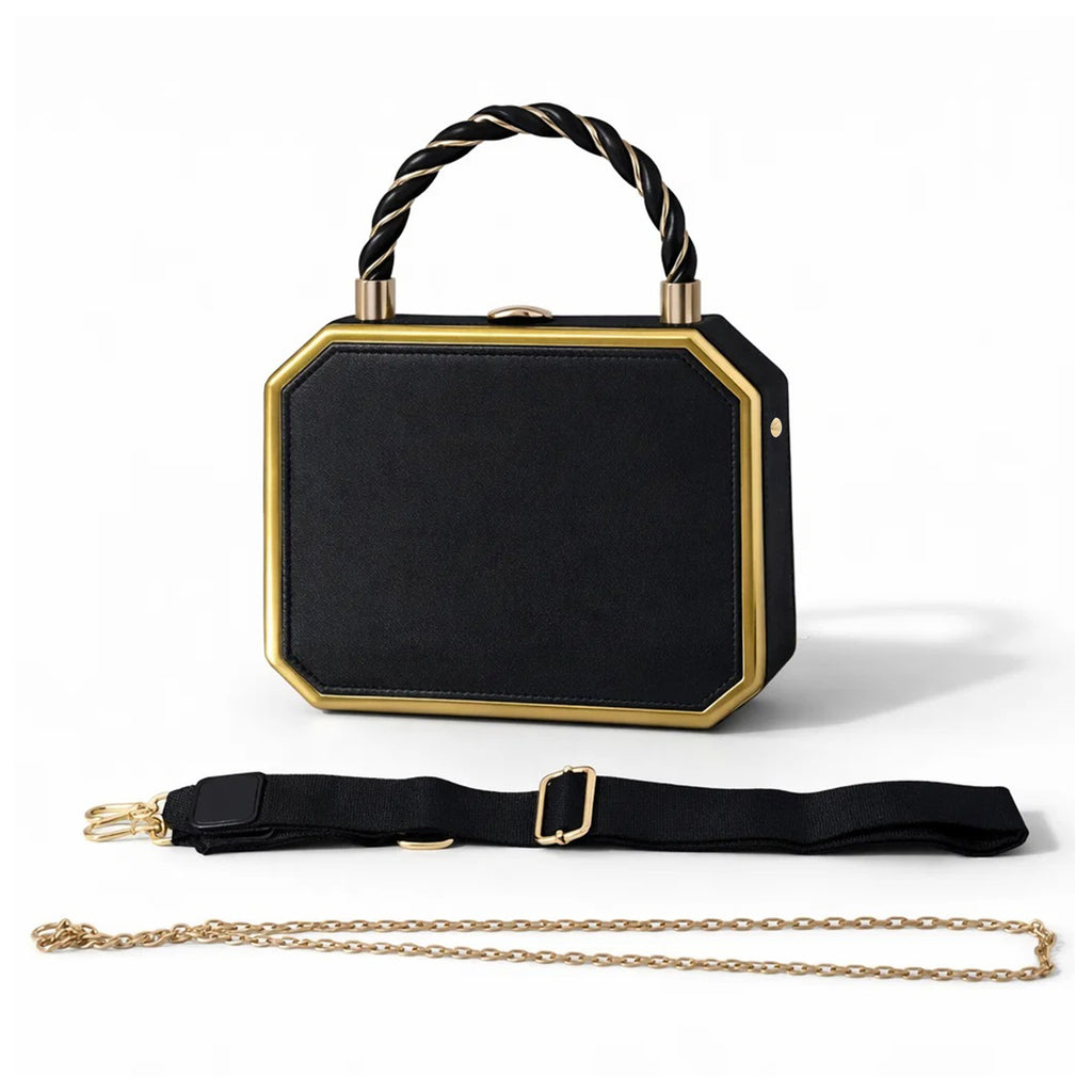 RYLIQUE Box Handbag — Faux Leather Top-Handle with Gold Chain & Crossbody Strap (Black)