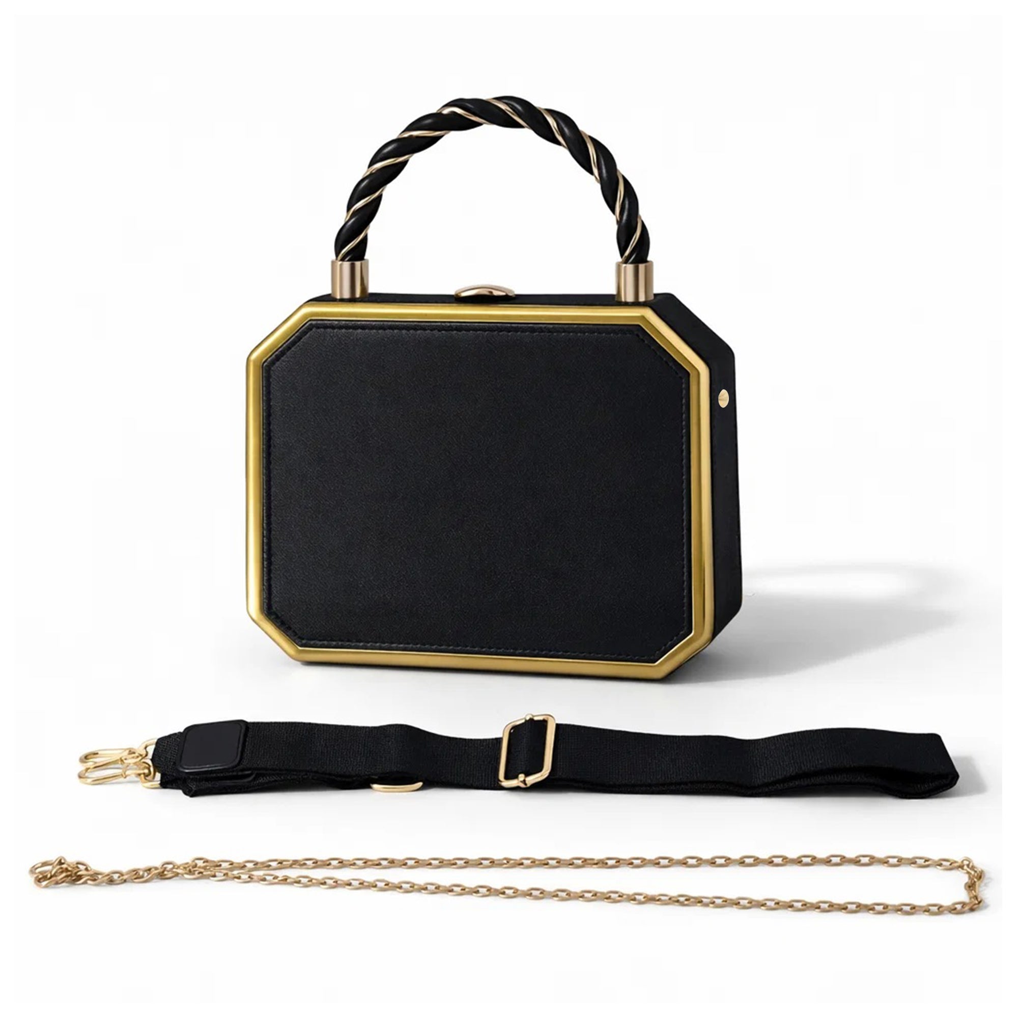 RYLIQUE Box Handbag — Faux Leather Top-Handle with Gold Chain & Crossbody Strap (Black)