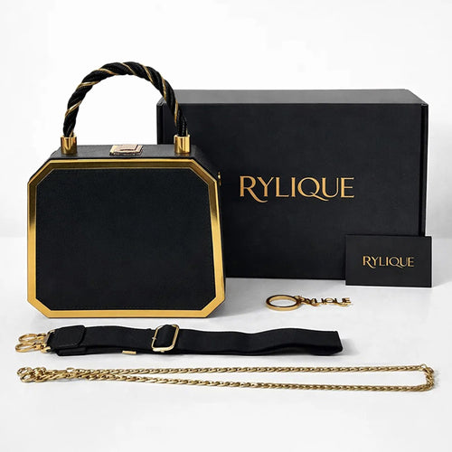 RYLIQUE Box Handbag — Faux Leather Top-Handle with Gold Chain & Crossbody Strap (Black)