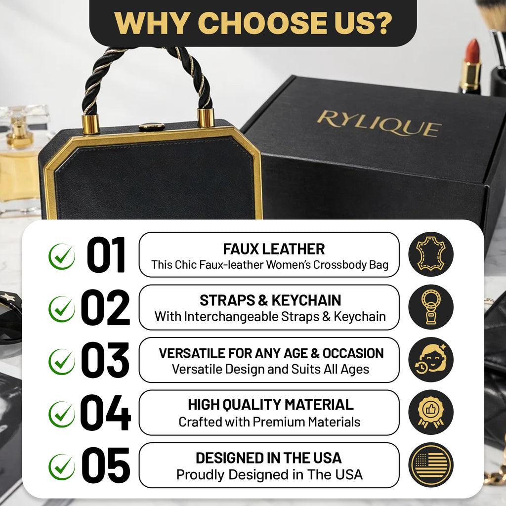 RYLIQUE Box Handbag — Faux Leather Top-Handle with Gold Chain & Crossbody Strap (Brown)