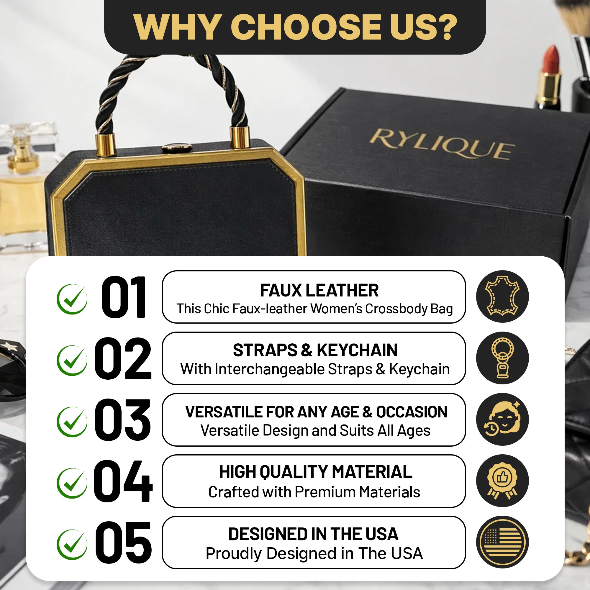RYLIQUE Box Handbag — Faux Leather Top-Handle with Gold Chain & Crossbody Strap (Brown)