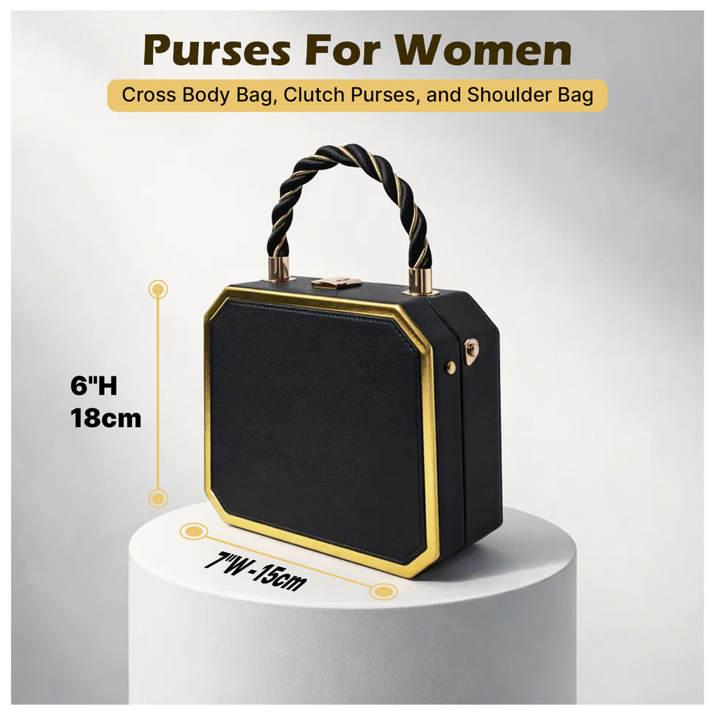 RYLIQUE Box Handbag — Faux Leather Top-Handle with Gold Chain & Crossbody Strap (Brown)