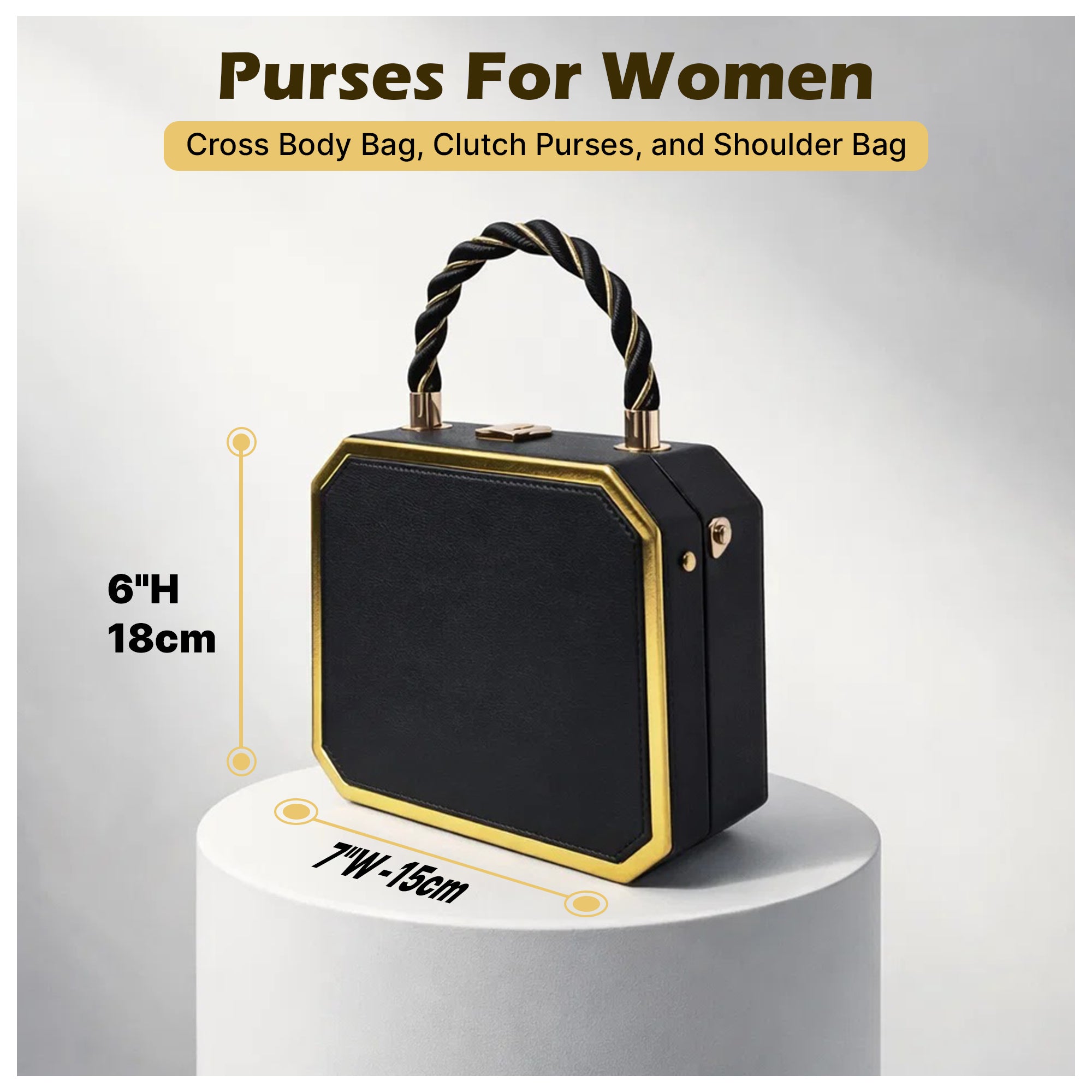 RYLIQUE Box Handbag — Faux Leather Top-Handle with Gold Chain & Crossbody Strap (Brown)