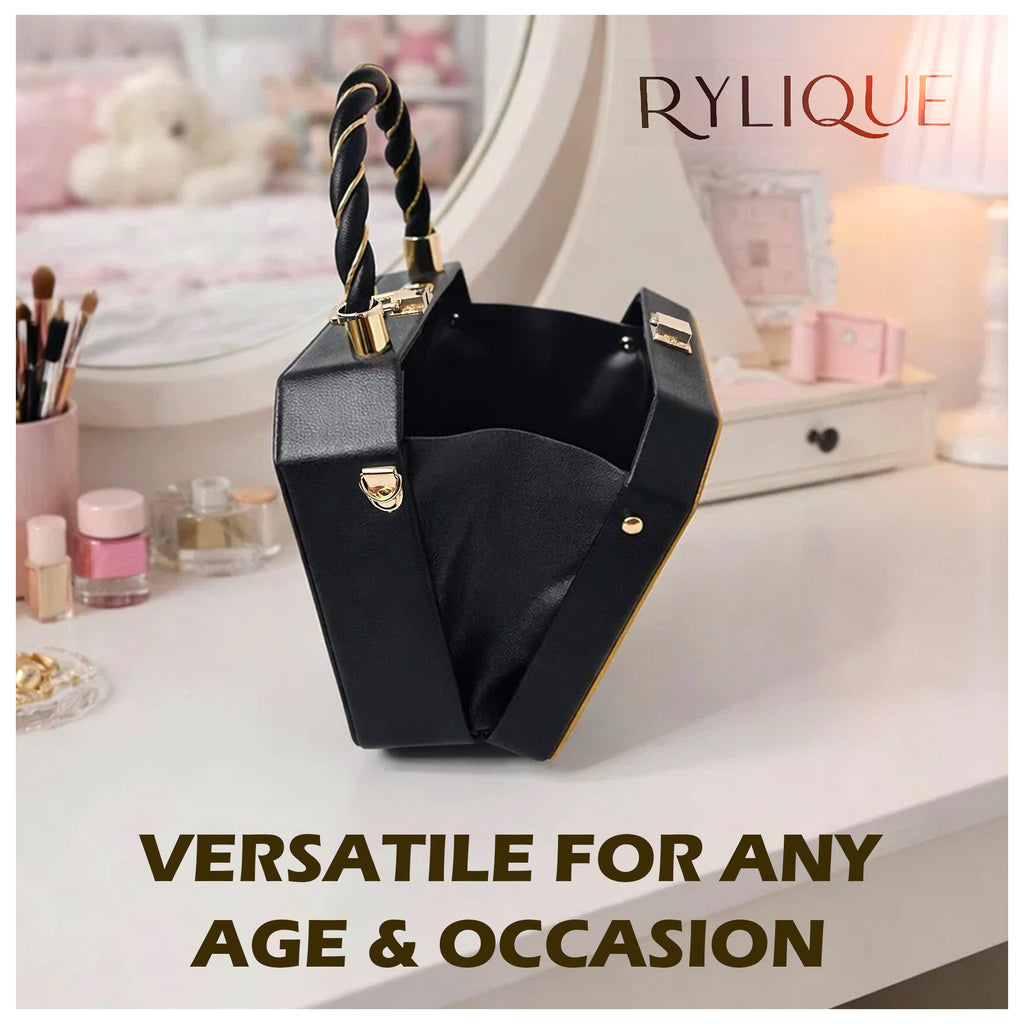 RYLIQUE Box Handbag — Faux Leather Top-Handle with Gold Chain & Crossbody Strap (Brown)