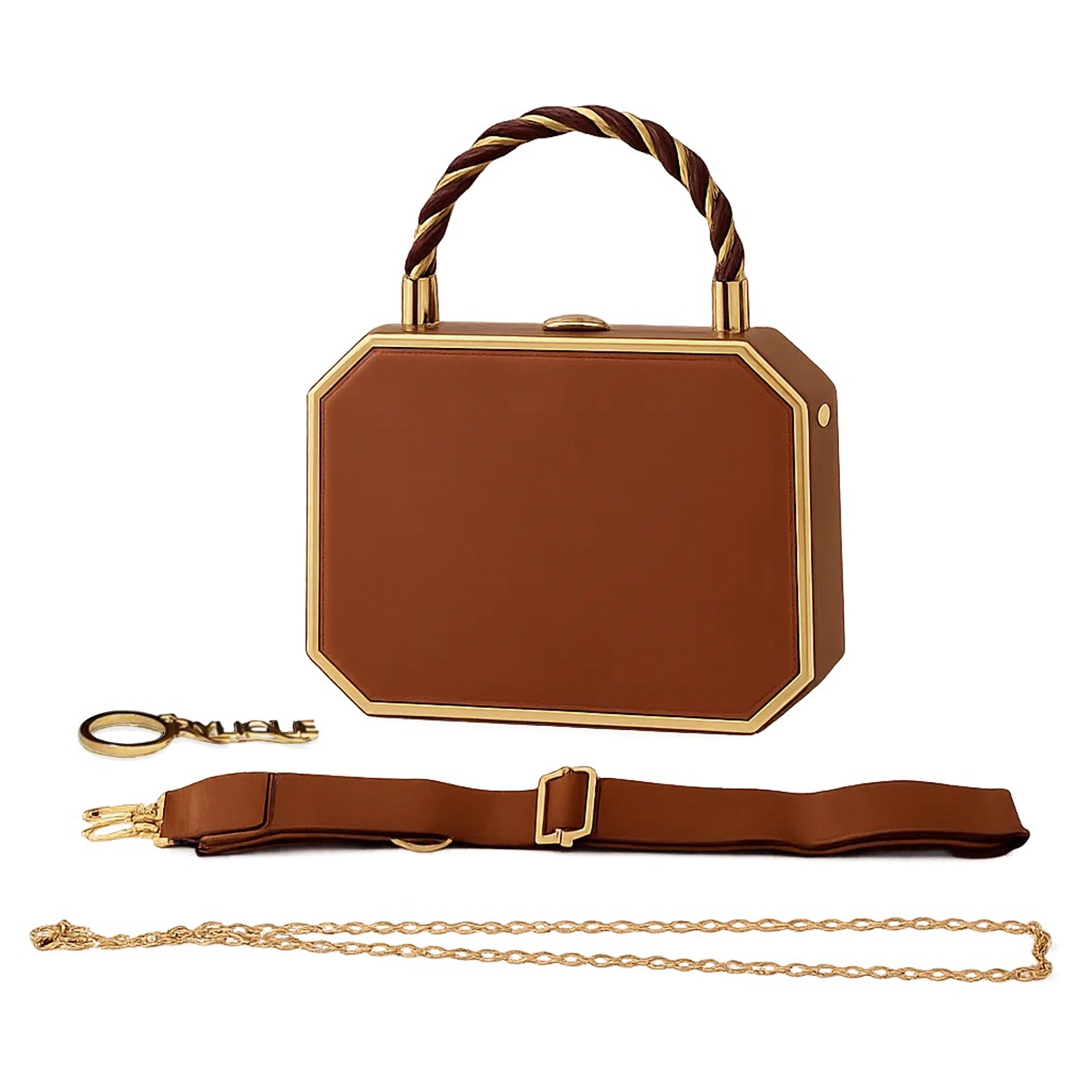 RYLIQUE Box Handbag — Faux Leather Top-Handle with Gold Chain & Crossbody Strap (Brown)