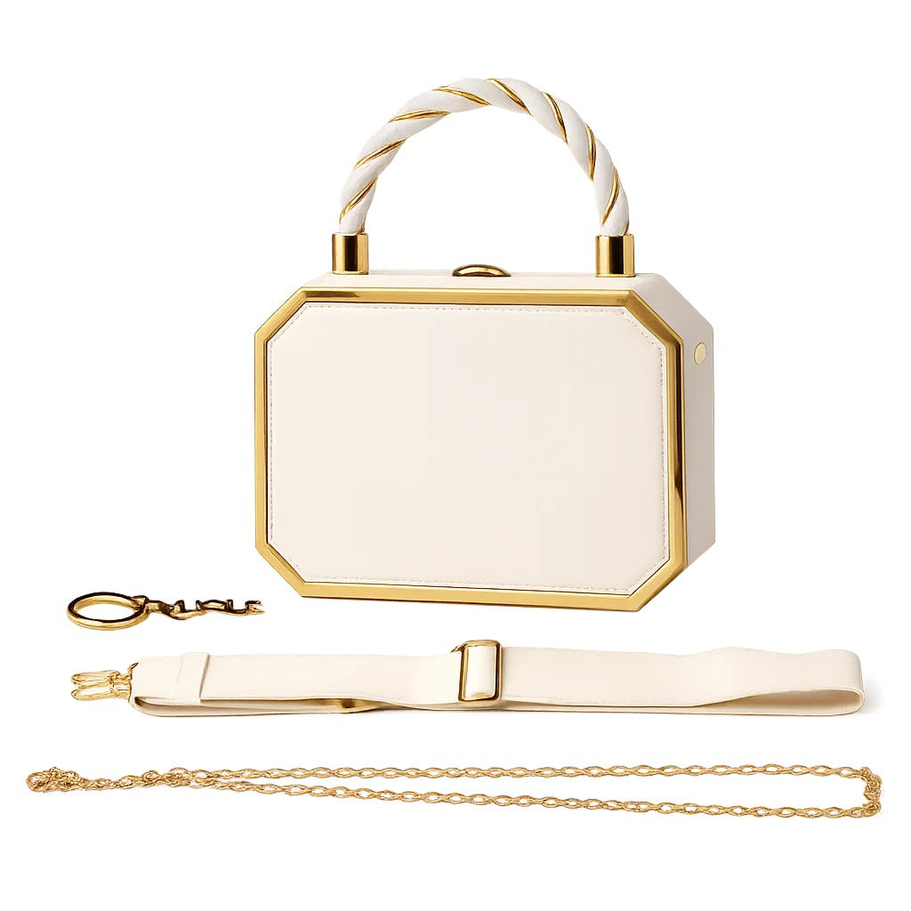 RYLIQUE Box Handbag — Faux Leather Top-Handle with Gold Chain & Crossbody Strap (White)